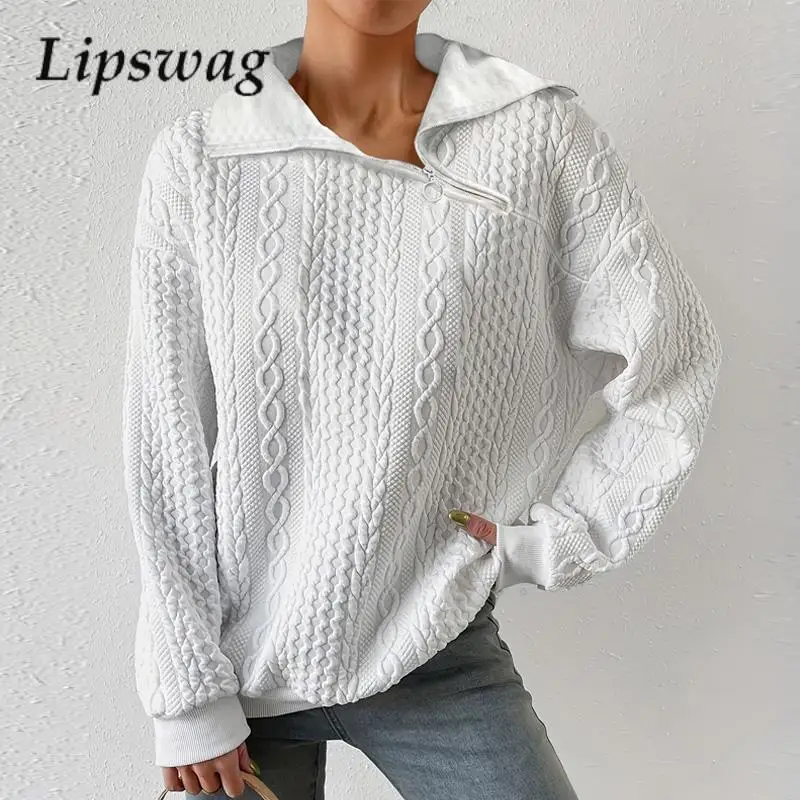 

Женский вязаный свитер на молнии, элегантный однотонный Свободный пуловер с отложным воротником, повседневный теплый свитшот для офиса, Осень-зима
