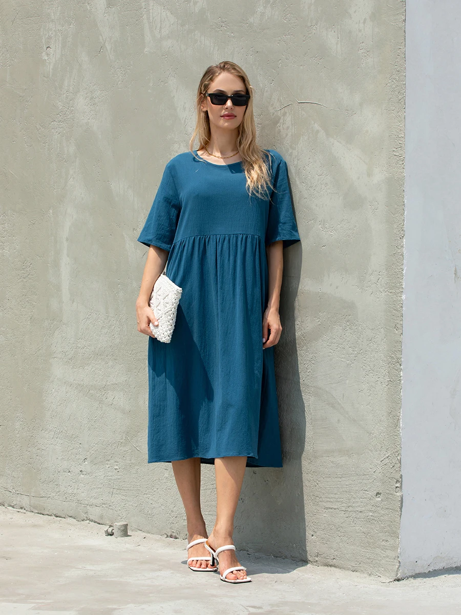

Women Loose Solid Simple Short Sleeve Dress Casual A-Line Party Mini Dress for Beach Cocktail Summer Streetwear