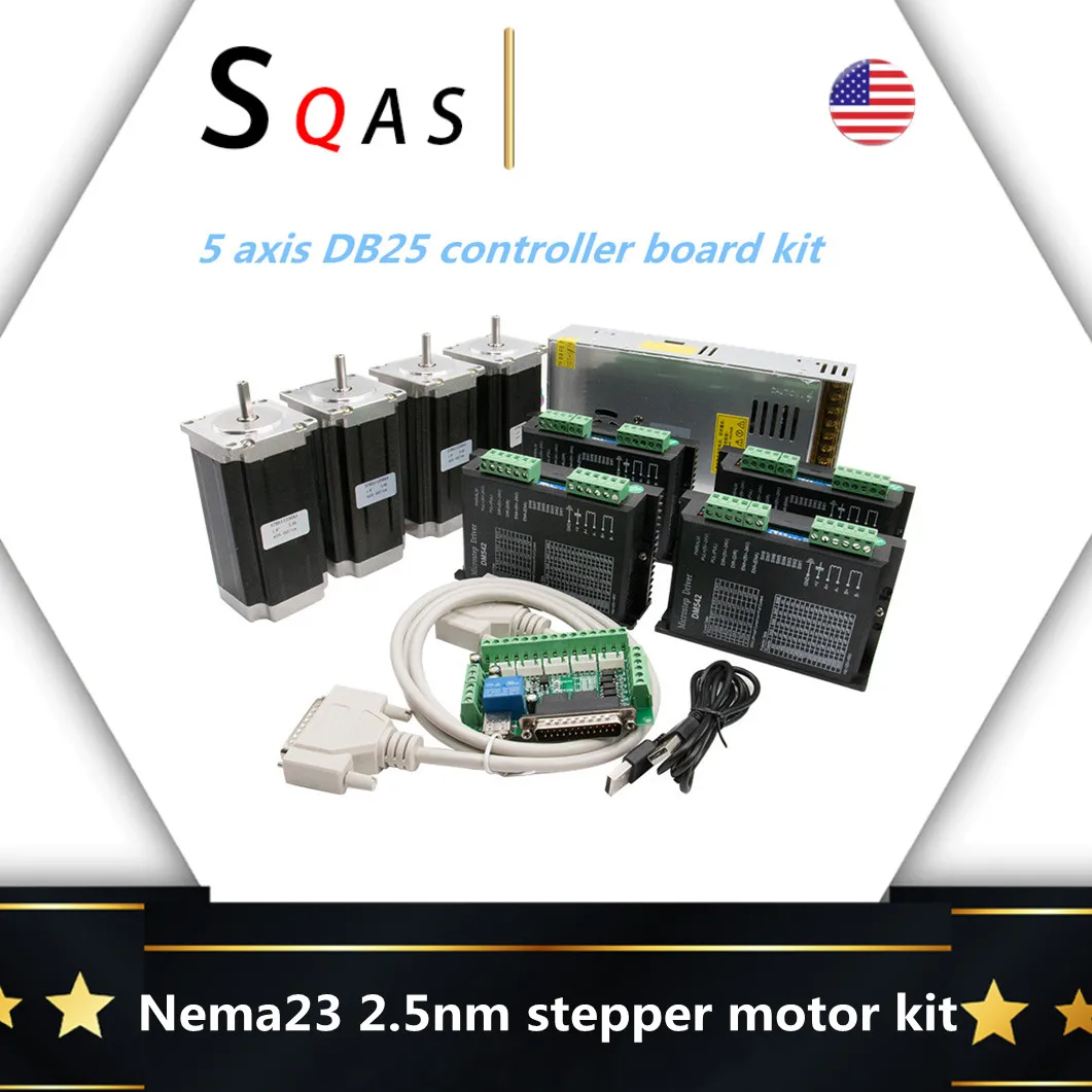 

USA Stocks Nema23 425ozin 2.5N stepper dc motor KIT 4 pcs 57HS100 + 4 DM542 motor driver power supply DB25 5axis board for CNC