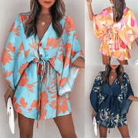 2022 womens summer womens feifei sleeve v neck tie printed beach dress