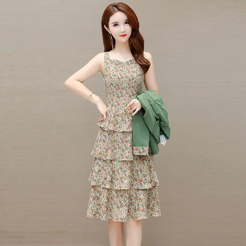 Vintage Printed Layered Ruffle Pleated Dress with Ruffles Slim Fitting Jacket Blazer Two Piece Elegant Women's Party Dress Set