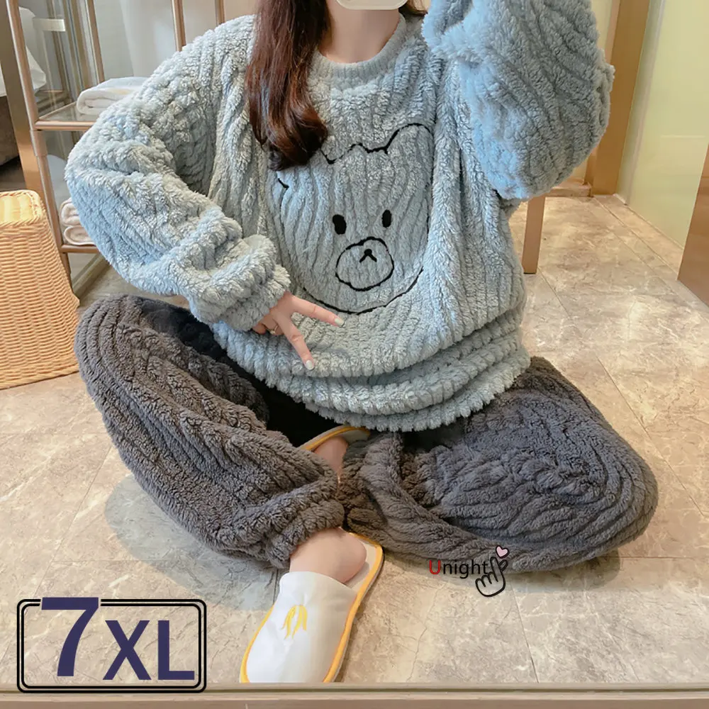 

Winter Women Pajama Sets Cartoon Flannel Plus Oversized Sleepwear Velvet Home Wear Thicker Coral Fleece Homewear Outwear M-7XL