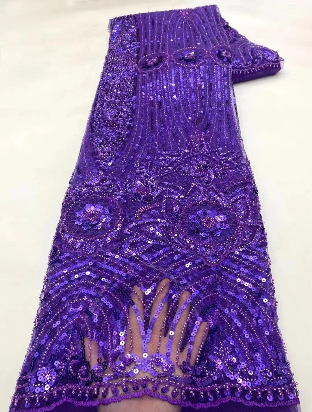 

High Quality Beaded Lace Fabric African Sequins Net Lace Heavy Handmade Beads Lace Fabric for Nigerian Wedding Party