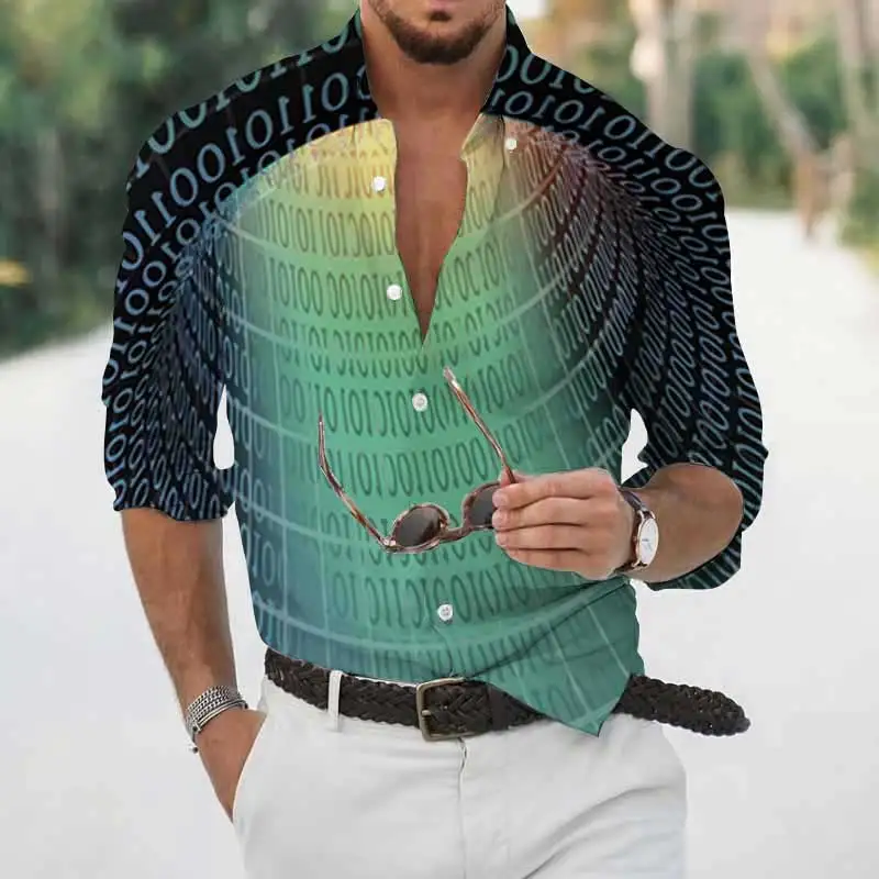 Spring and Autumn New Geometric Print Shirts Men's Fashion Lapel Button Shirts Casual Long Sleeve Cardigan Streetwear