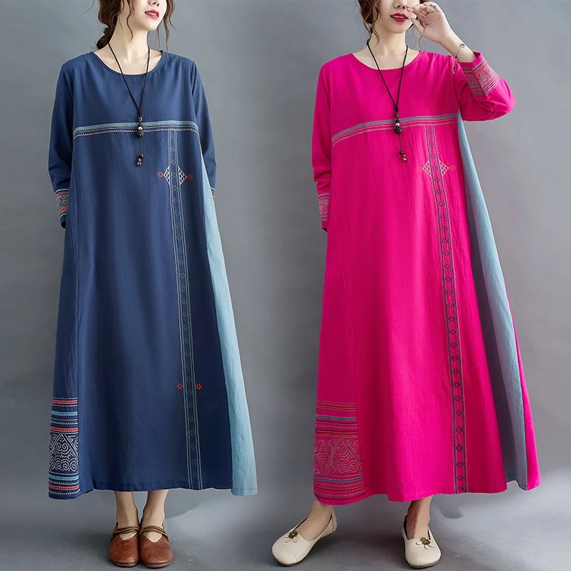

Women O Neck Cotton Linen Long Sleeve Dress Kaftan Batik Caftan Retro Stitched Embroidered Dress Round Neck Loose Beach Dress
