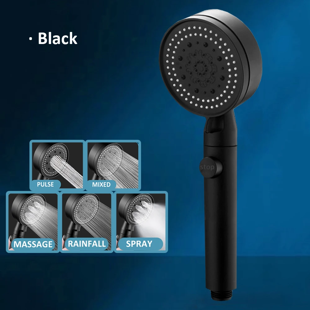 

5 Modes Adjustable Black Bath Shower Head High Pressure Water Saving Eco Shower Stop Water Showerhead Bathroom Accessories