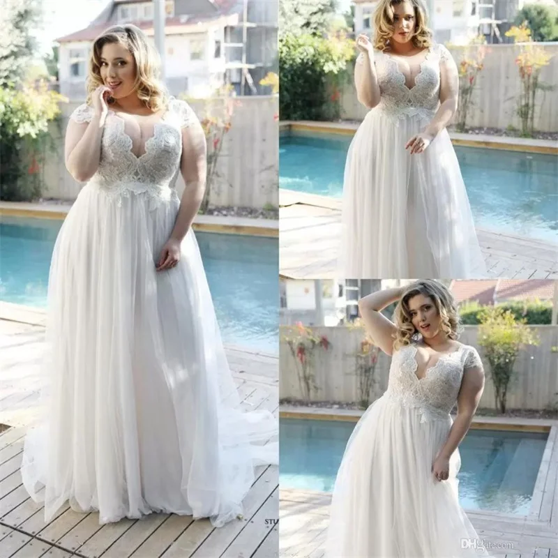 

Plus Size Wedding Dresses Bridal Gown Lace Applique Beaded Tulle Cap Sleeves Sweep Train V Neck Custom Made Vestido De Novia