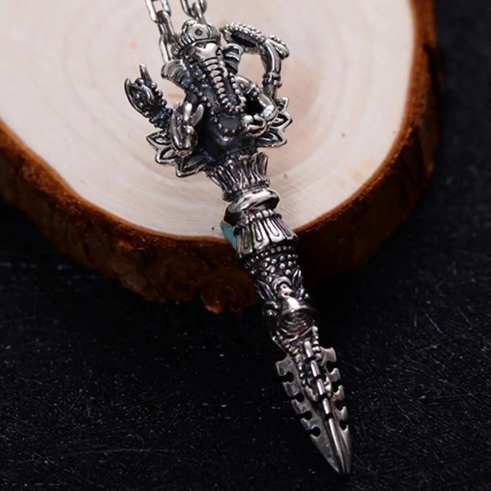 

Pure S925 Sterling Silver Men Lucky Elephant God Of Wealth Vajra Pendant 19g