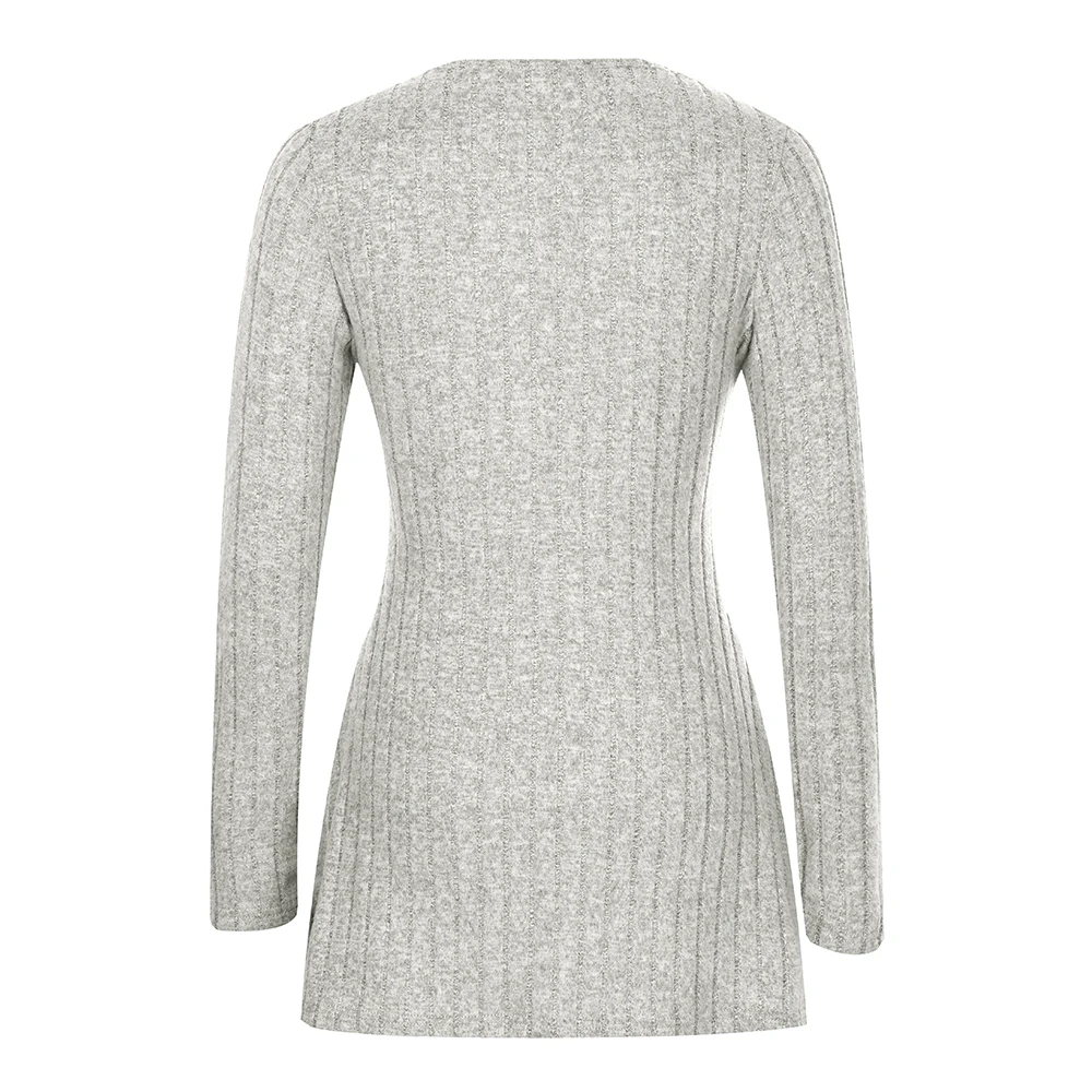 Зимний однотонный тонкий женский длинный топ с разрезом в рубчик офисный