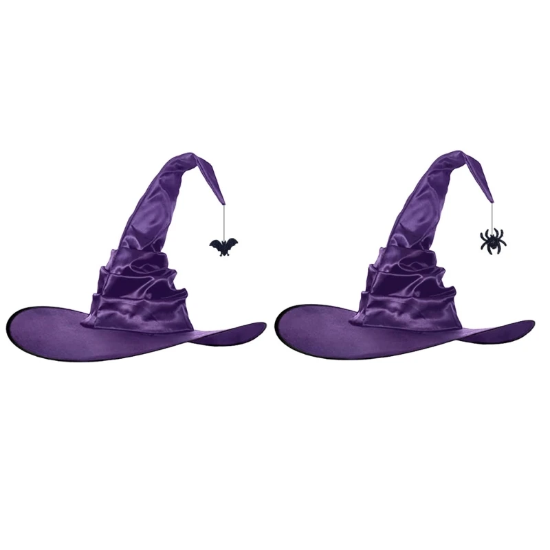 

Halloween Witch Hat Delicate Purple Witch Hats with Pendants Creepy Spider Bat