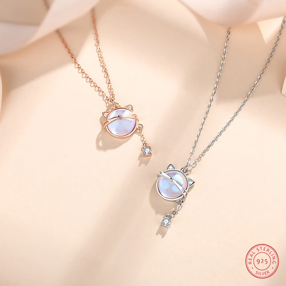 

CELAYI Necklaces For Women 2022 Silver Chain Necklace Fantasy Planet Cat Necklace 925 Zircon Moonstone Pendant Cute Jewelry Gift