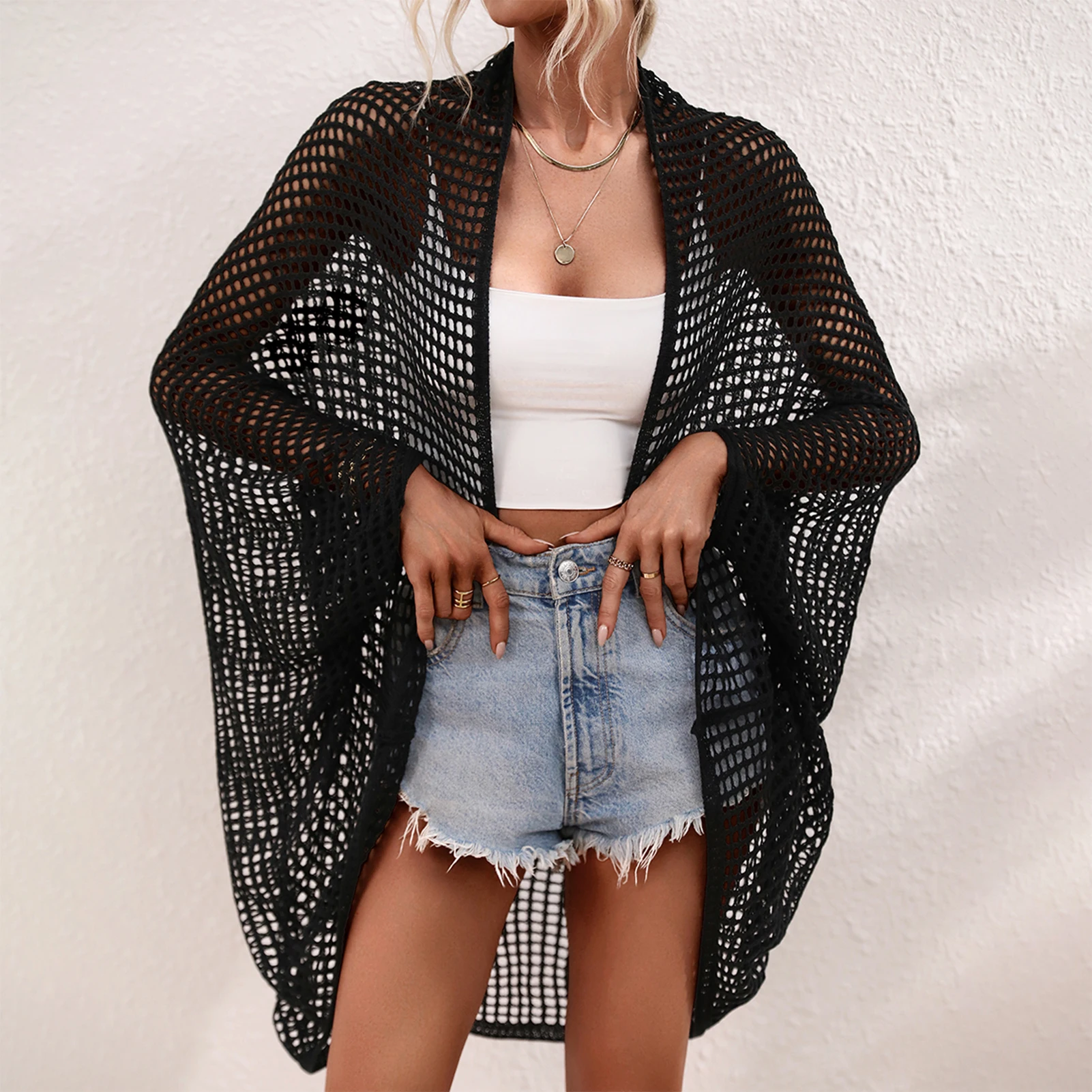 

Ladies Summer Cardigan Solid Color Casual Blouses Loose Hollow Out Beachwear Outfit Oversized Tank Top Cover Up Shirts