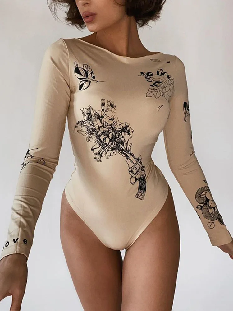 Floral Bodysuits Printed Skinny One Piece For Female Basic Sheath Bodysuits Women Clothing 2021 Outfit Club Y2k Elegant Bodysuit