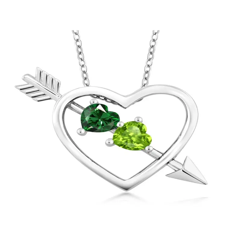 

925 Sterling Silver Green Simulated Emerald and Green Peridot Heart and Arrow Pendant Necklace For Women (0.85 Cttw, with 18 inc