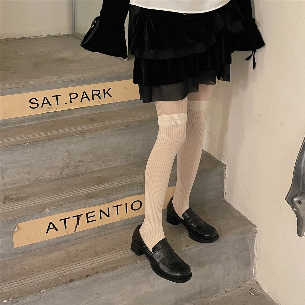 Spliced Vertical Stripes Show Thin Silk Socks Milk White JK Lolita False High Sleeve Pantyhose Female
