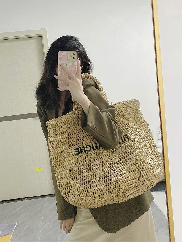 

Соломенная женская сумка ручной работы, пляжный саквояж на плечо из ротанга, вместительный мешок через плечо