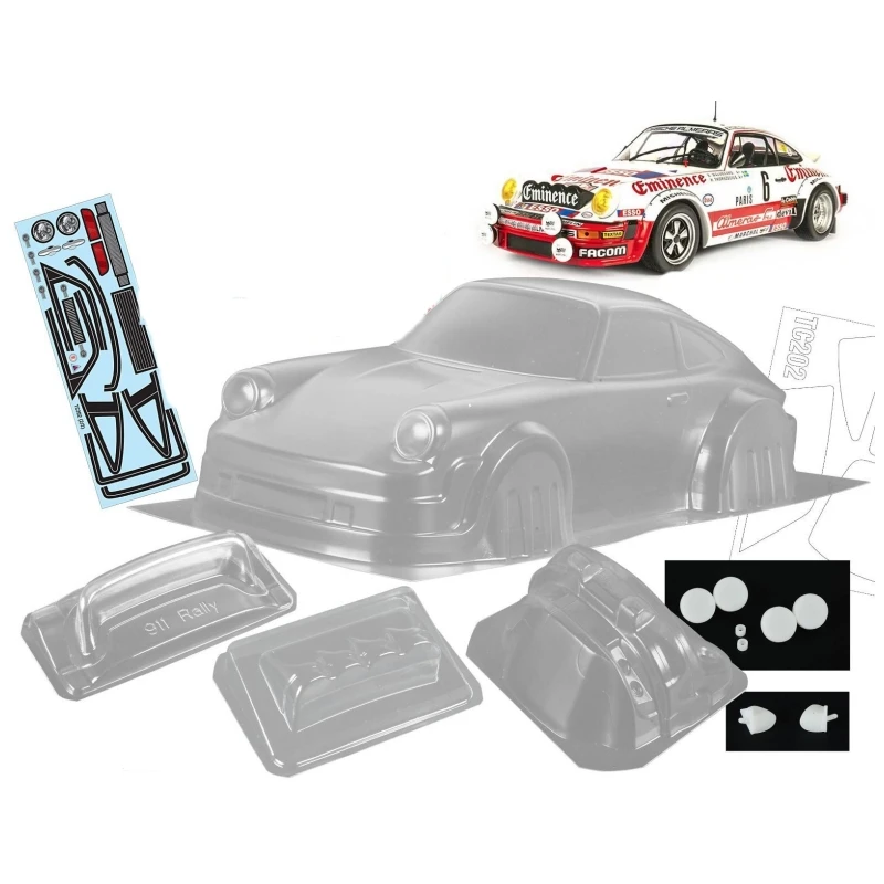 TC202 1/10 911 Rally 1982 Racing Car Toys, Transparent Body Shell With Tail Wing + Light Cup