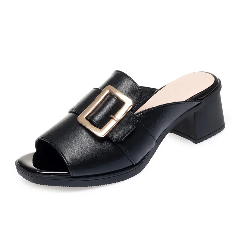 Women Slides Genuine Leather Summer New Style Square Buckle Large Size Women's Slippers Mid-heel Red Fashion Slippers Women