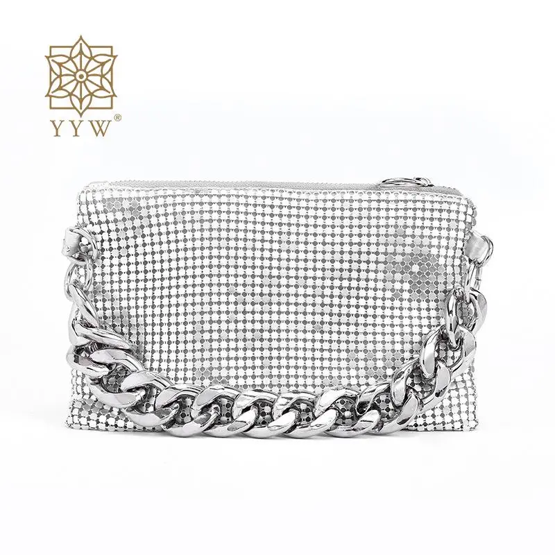 

Sequin Silver Chain Clutch Bag Formal Quinceanera Evening Cool Metal Clutch Wallet Luxury Brand Design Fashion Party Handbag