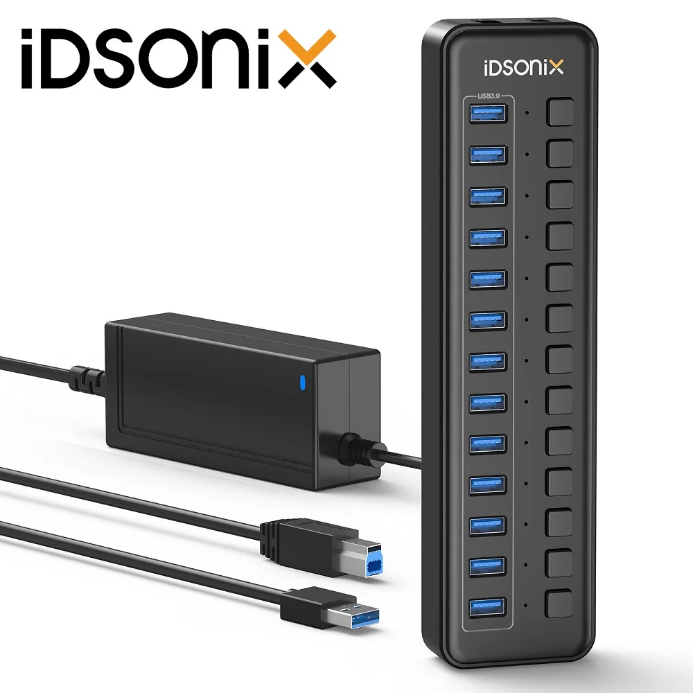 iDsonix USB HUB 3.0 external power adapter 12V / 2A Powered USB Hub with Individual Switches Aluminum Alloy USB Splitter for PC