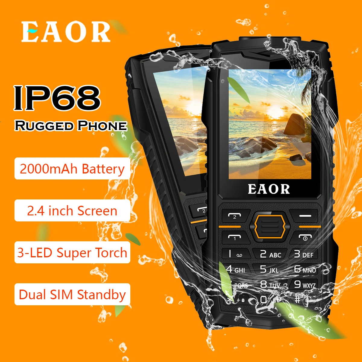 

EAOR IP68 Waterproof Rugged Phone 2G Keypad Mobile Phone 2000mAh Big Battery Dual SIM Bar Phone Feature Phone with Super Torch