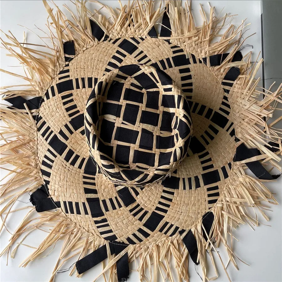 

202203-2509023 dropshipping summer handmade raffia grass plaid weave wide brim holiday beach lady sun cap women leisure hat