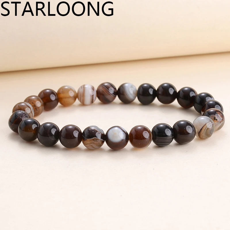 Fashion Natural Coffee Stripe Onyx Agata Stone Bracelet 6/8/10MM Round Beads Jewelry Sweet Color Charm Bracelet Wristband Gift