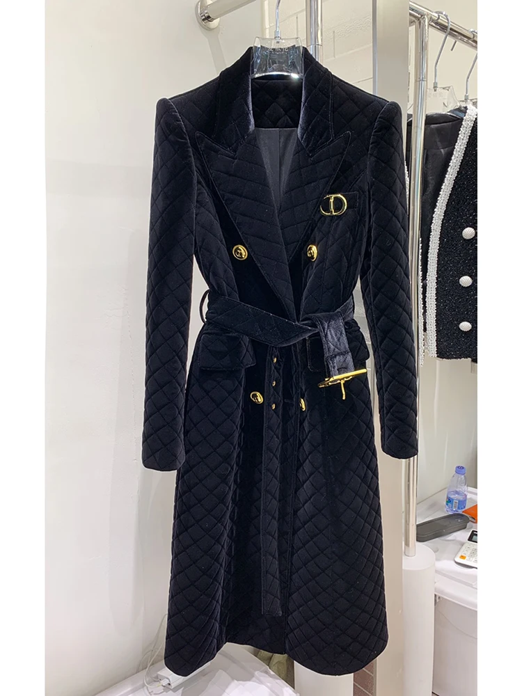 

Women's Double Breasted HIGH STREET Newest 2022 Designer Coat Grid Sewing Velvet Belted Long Coat