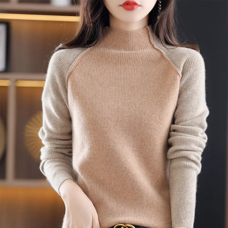 

New Women 2022 Autumn Winter Clothes Patchwork Mock Neck Sweater Jumper Long-sleeved Knitted Pullovers Shirt Female Tops W30