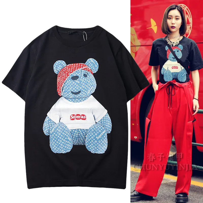 

Уличная одежда Chun yu yin jia, дизайнерская футболка с коротким рукавом и принтом медведя, черного и белого цвета для женщин