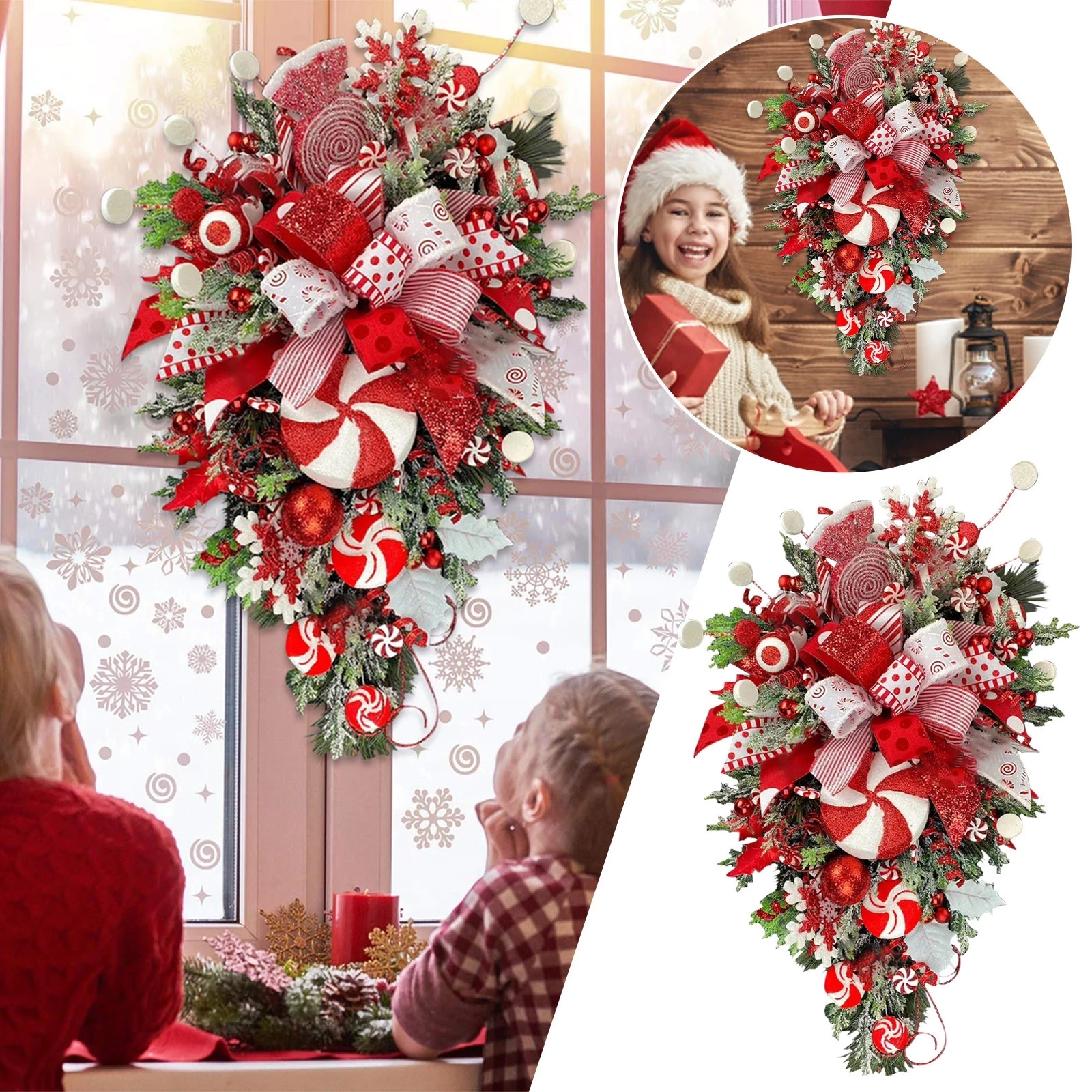 

Candy Cane Wreath Christmas Decoration Artificial Pine Cones Red Berries Wreath Ornaments Door Wall Decor Merry Christmas Garlan