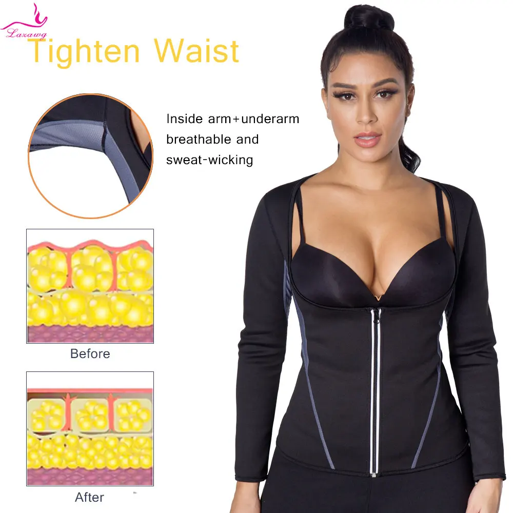 LAZAWG Sauna Top for Women Weight Loss Long Sleeve Slimming Shirt Fat Burners Waist Trainer Ladies Body Shaper Workout Sport Gym