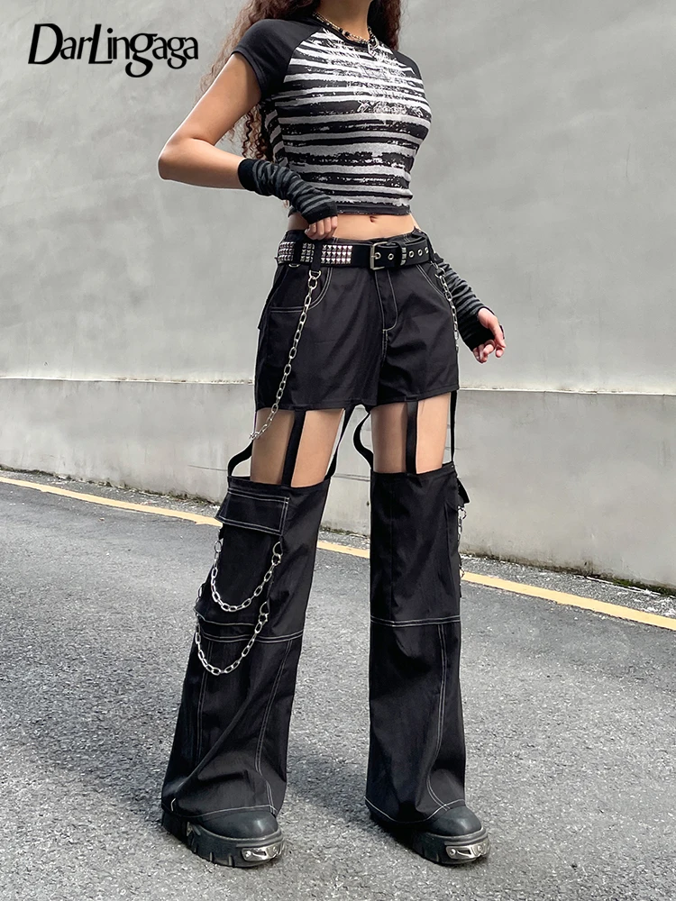 

Darlingaga Streetwear Grunge Goth Punk Style Low Waist Cargo Pants Metal Chain Cut Out Female Trousers Dark Academia Capris Y2K