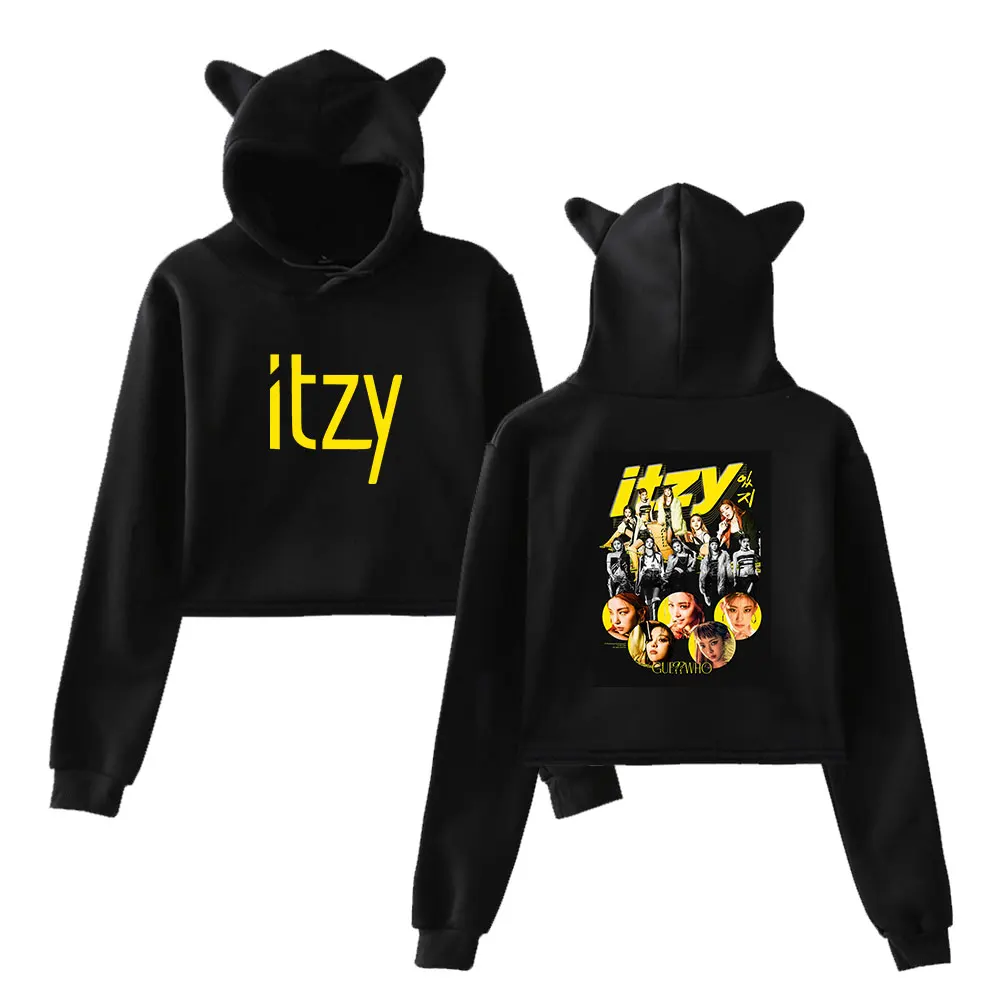 

ITZY New Hoodie Cat Ear New Designs Cool Print Wonder Crop Tops Short Pullover for Women Casual