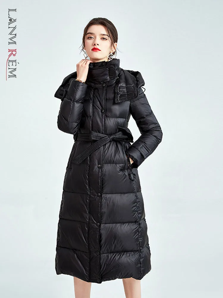 

LANMREM Women's Winter Warm Coat High Waist High-end Bright Face Hooded Belt Coats 2022 Winter Fashion Clothing 2R3397