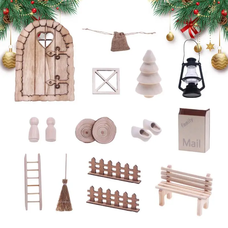 

Рождественские миниатюры для кукольного домика, деревянный кукольный домик, рождественские украшения, миниатюрный маленький сказочный эльф, набор дверей, 17 шт., деревянные двери, мини
