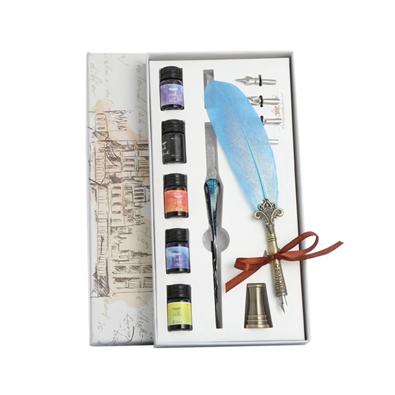 

Calligraphy Quill Feather Dip Pen Writing Ink Nibs Set Glass Dip Pen Kit With 5 Color Inks For Beginners Student