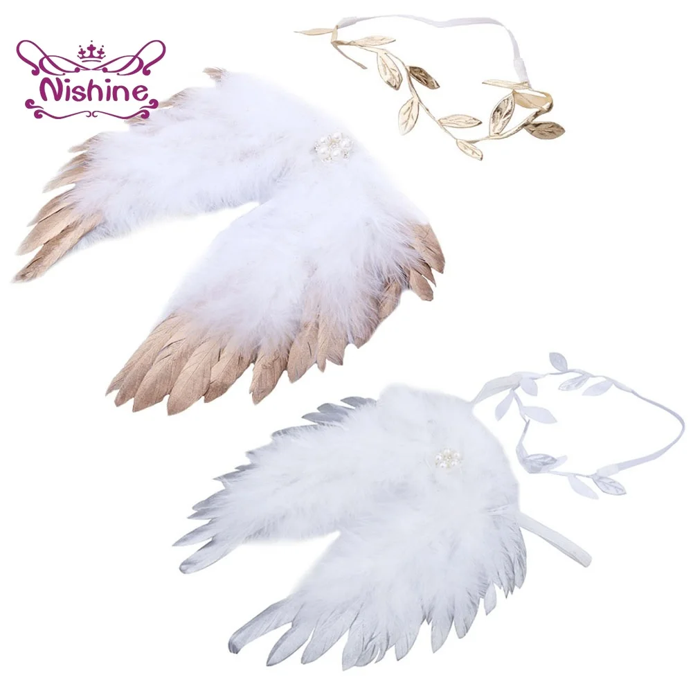 

Nishine Golden Silver Angel Feather Wings with Leaves Headband Baby Girls Birthday Gifts Photography Props Newborn Accessories