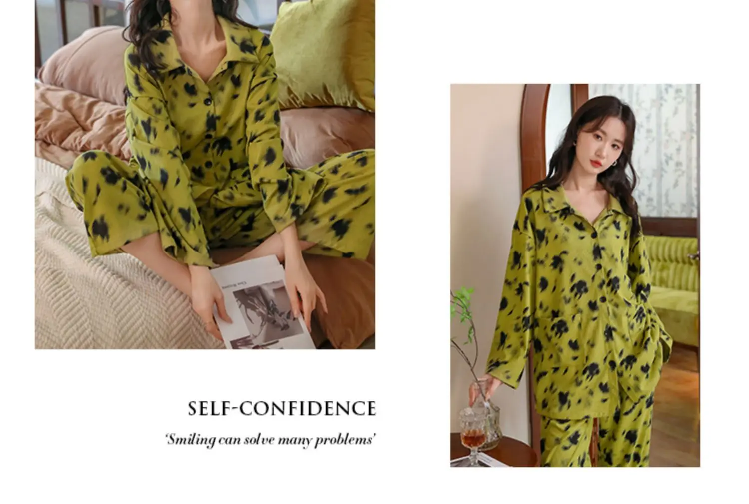 Pajamas Women's Autumn and Winter Knitted Green High-Grade Casual Suit Loose Long Sleeve Home Wear Can Be Worn outside