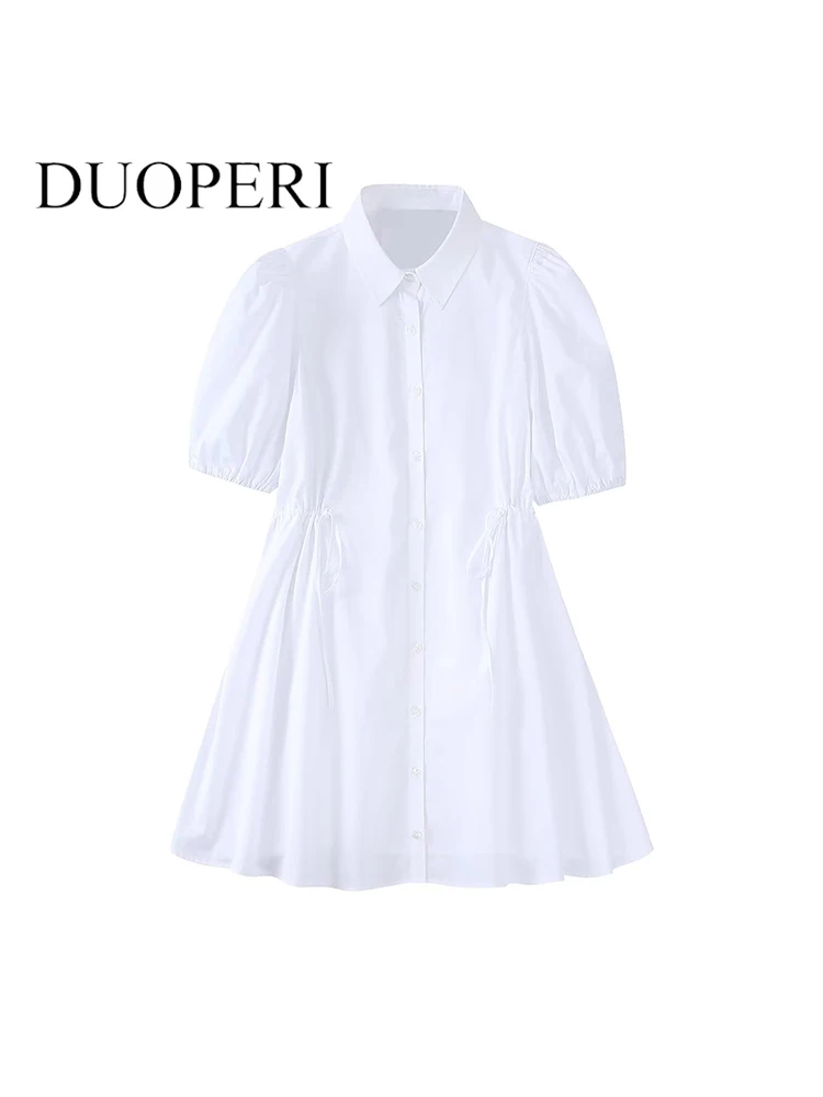 

DUOPERI Women Fashion Solid Shirring Single Breasted Mini Dress Vintage Lapel Neck Short Puff Sleeves Female Chic Lady Dresses