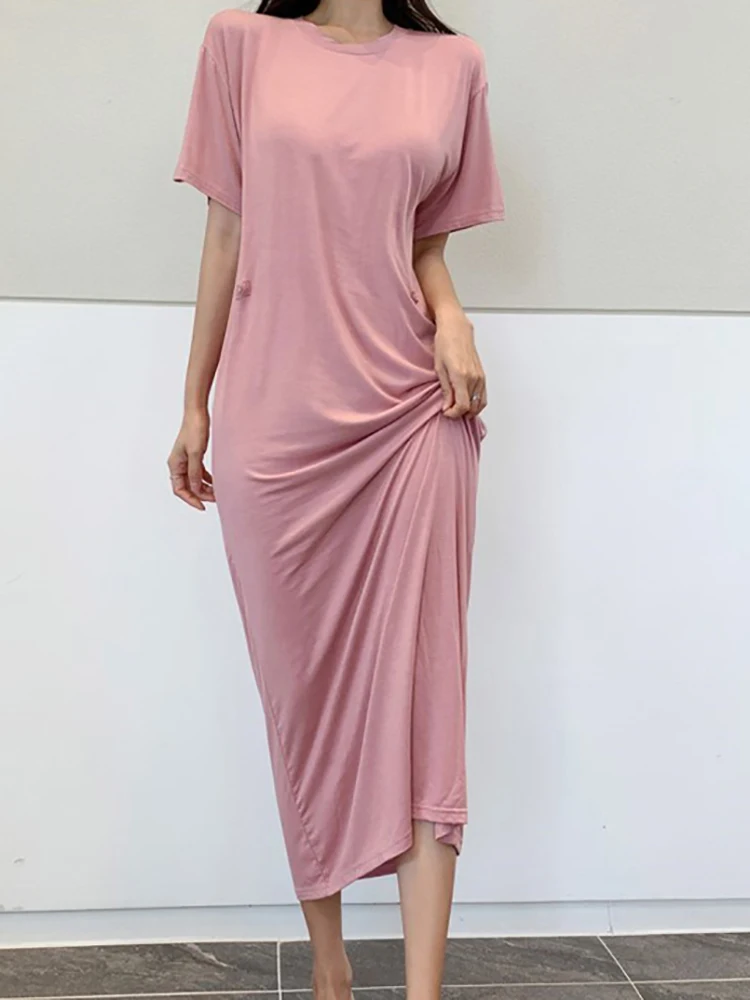 

Summer Dress Cotton Short Sleeve Rivet Dresses For Women Korean Style Folds Elegant Womens Clothing Vestido Casual Midi Mujer