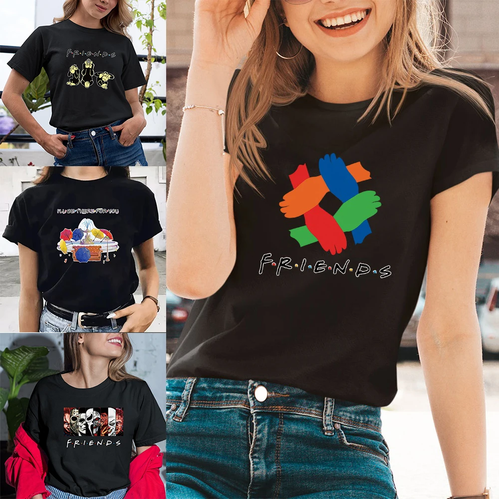 

T-shirt Top Women Summer Round Neck Short Sleeve Tshirts Korean Fashion Breathable Friends Print Clothing All-match Shirt Tees