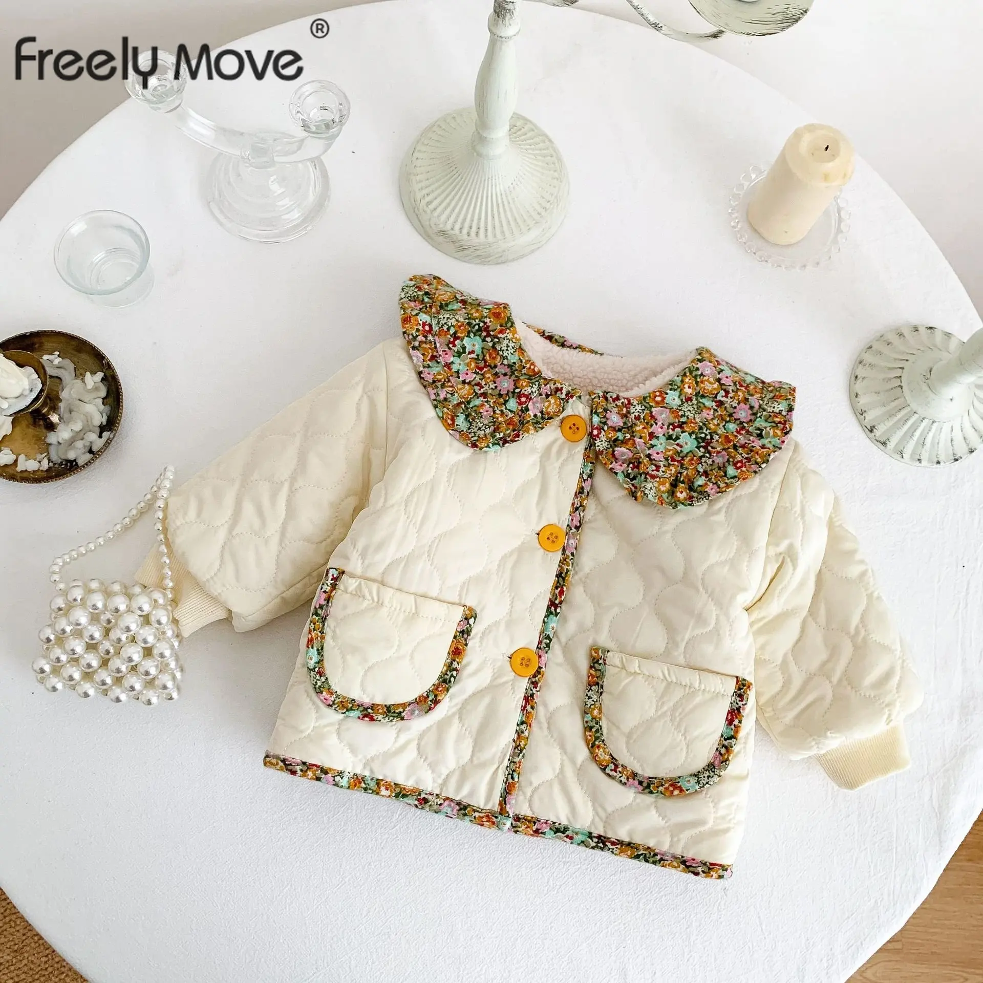 

Freely Move Winter Korean Kids Clothes Floral Peter Pan Collar Baby Girls Coats Thicken Warm Children Cotton Padded Outerwear