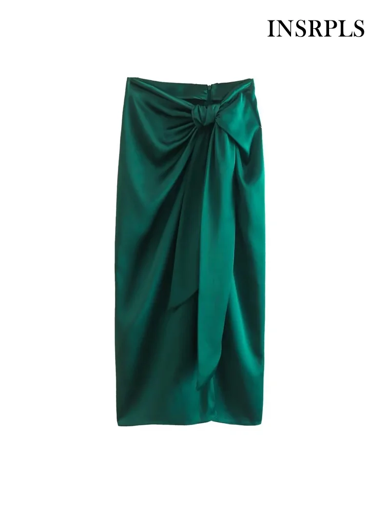 

INSRPLS Women Fashion With Knotted Front Slit Satin Midi Skirt Vintage High Waist Back Zipper Female Skirts Mujer