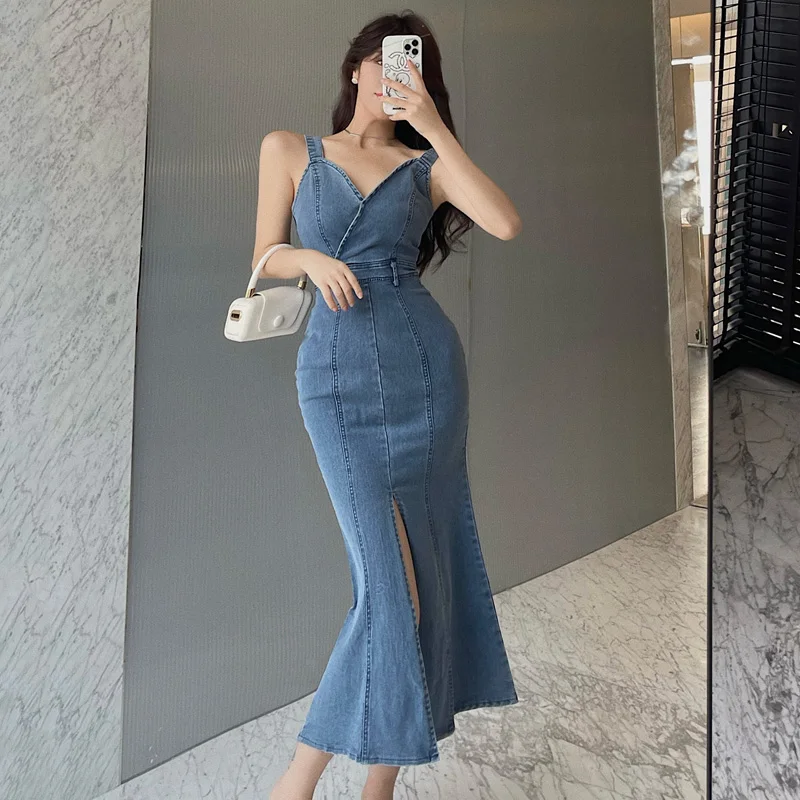 

Женское винтажное джинсовое платье, длинное летнее платье из денима с V-образным вырезом и тонкими бретельками