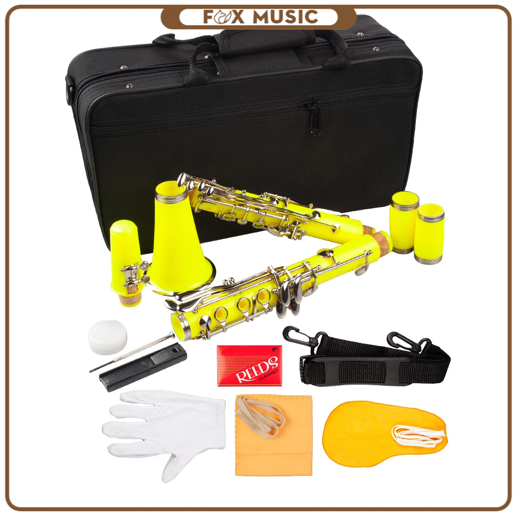 Yellow ABS Clarinet Bb Cupronickel Plated Nickel 17 Key with Cleaning Cloth Gloves Screwdriver Woodwind Instrument