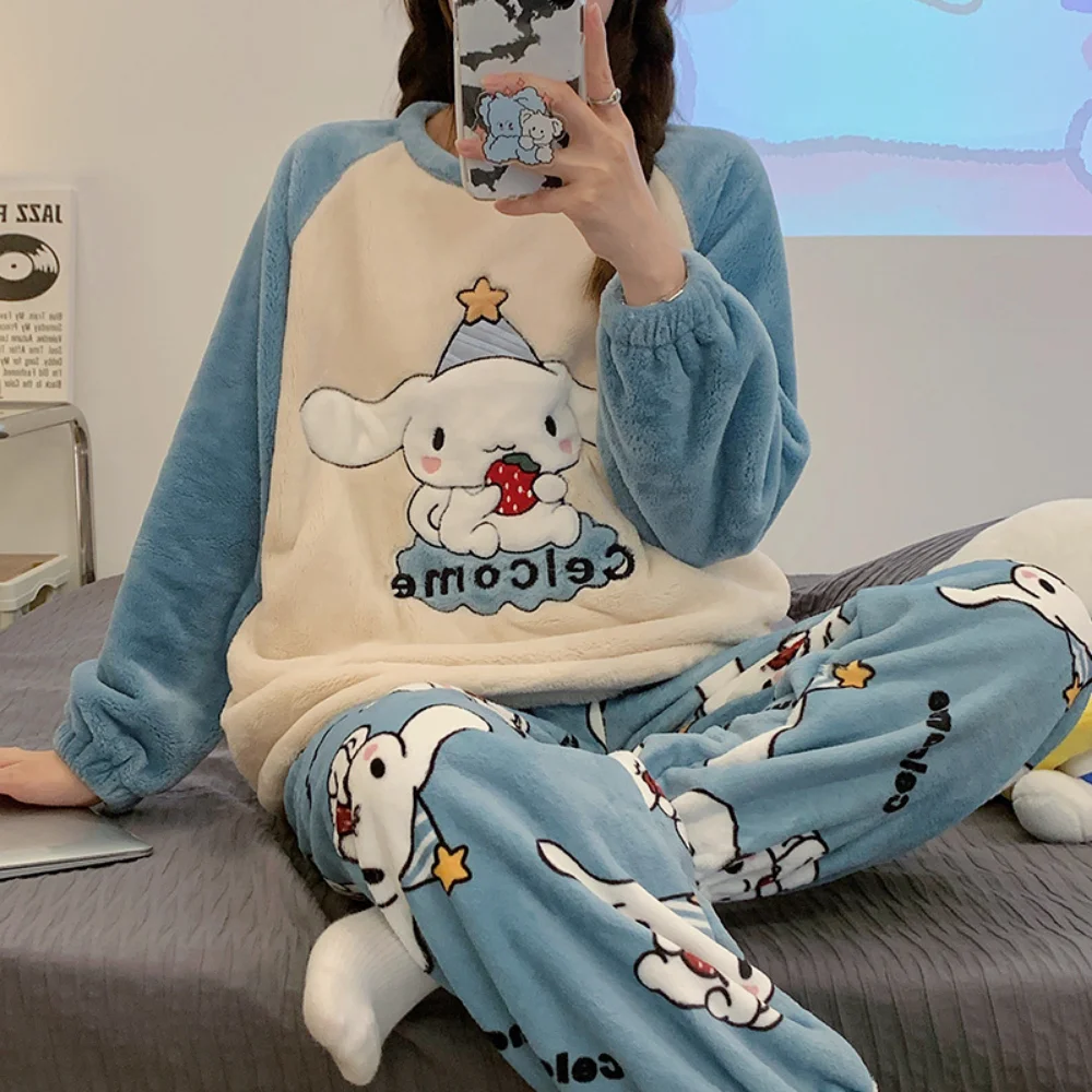

Free Shipping Women's Pajamas Autumn And Winter Cute Cartoon Thickened Coral Velvet Round Neck Pullover Soft Comfortable Suit