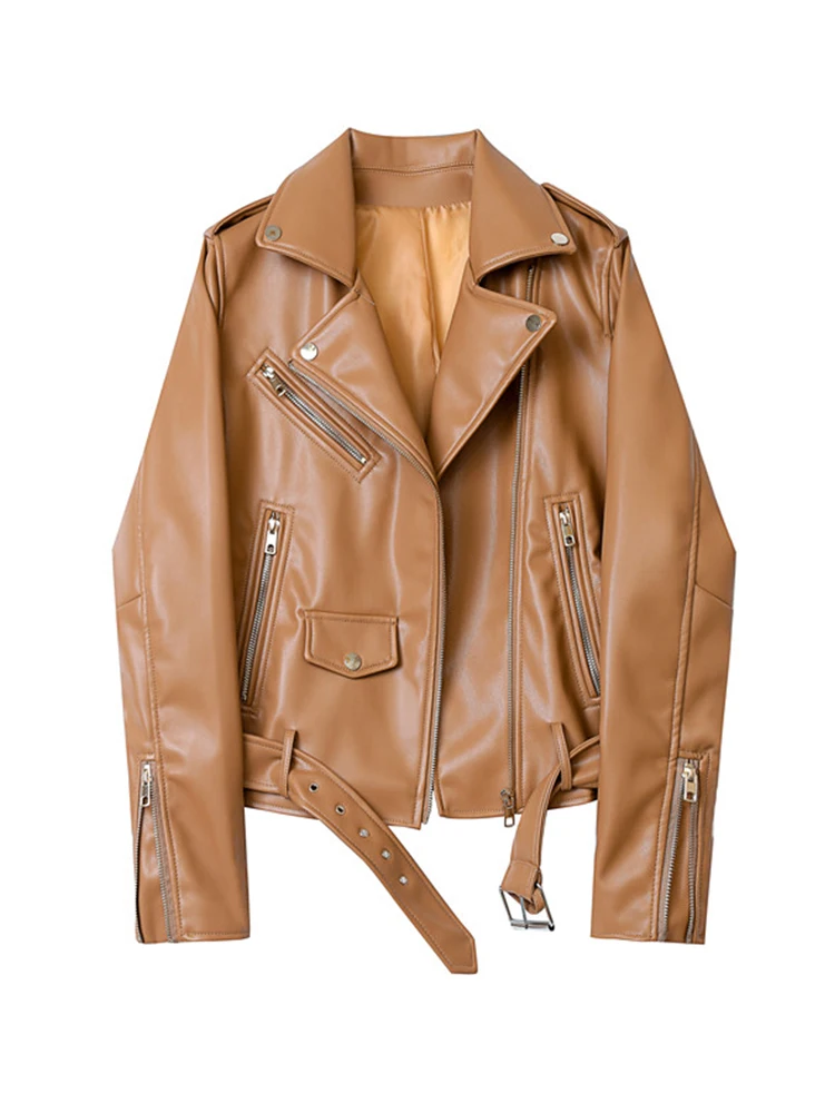 Women Spring Streetwear PU Faux Leather Short Jacket with Belt Moto Biker Basic Coat Turn-down Collar Zipper Jackets Leather