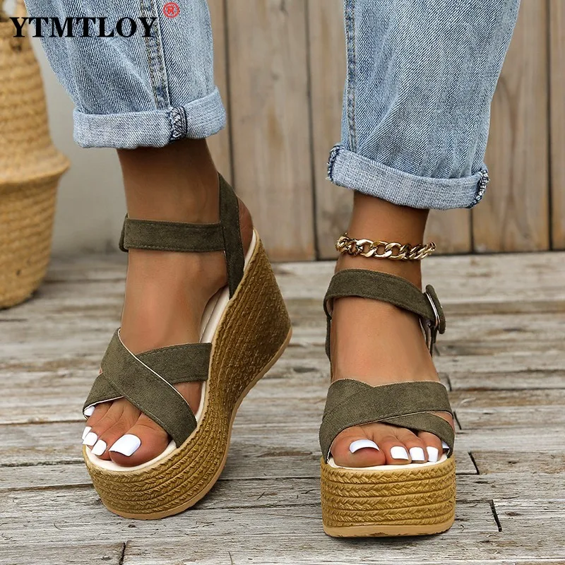 

Fashion Wedge Sandals for Women Summer 2022 Casual Non-slip Peep Toe Platform Shoes Rubber Sole Buckle Elegant Heels Women