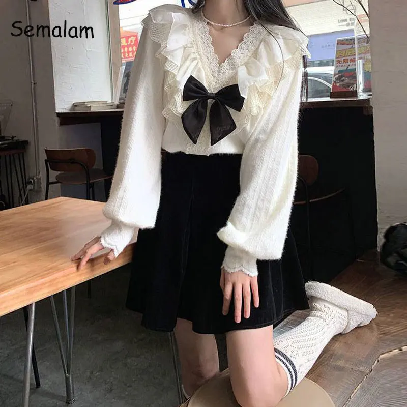 

Sets Women Blouses and Dresses Preppy Style Kawaii Dating Bow Lace Lovely Schoolgirls Clothing Patchwork Temperament Sweet New